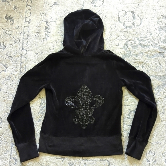 Pink Rose Hoodie Velour Black Size M Fluer de Lis - Picture 1 of 11